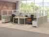 Emerge modern modular open concept office workstations with panel walls and storage seating