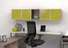 e5 Office Furniture Vancouver - modern laminate wall-mounted overhead storage with colored glass doors and open shelf